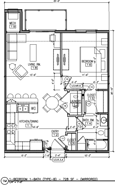 Floor plan for 1 bed, 1 bath, 728 sqft